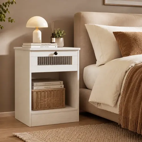 Modern Nightstand with Fluted Glass Drawer, End Table with Open Storage Shelf, Small Bedside Table for Bedroom, Living Room & Office