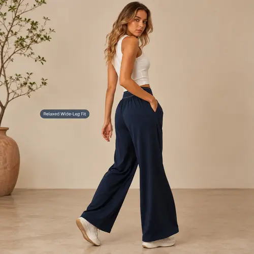Women’s High Waisted Wide Leg Lounge Pants with Pockets – Lightweight Stretch Casual Yoga Workout Travel Pants