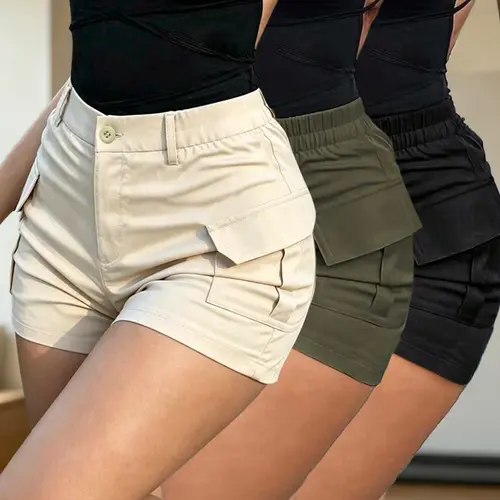 Pack of 3 women’s summer cargo shorts, European and American retro style, mid-rise design; elastic waistband at the back waist, suitable for everyday wear.