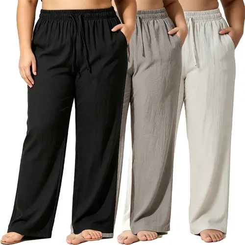 3-pack (lightweight version) drawstring joggers for curvy women, featuring a linen-textured crinkle design, high-stretch, loose wide-leg fit, side pockets, breathable and lightweight—ideal casual beach sports pants for summer.
