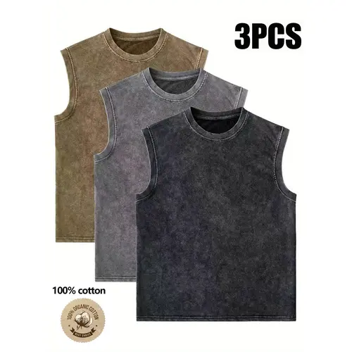3-Pack Men’s Casual Sleeveless Tank Tops, Vintage Washed Black, Simple & Stylish, Suitable for Everyday Wear and Street Style