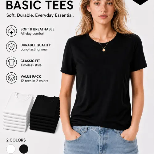 Women's Classic Minimalist Soft Cotton Solid Color T-Shirts 12-Pack, Basic Round Crewneck Short Sleeve Tops for Casual Everyday Wear & Easy Layering, Cold Wash Compatible, Solid Colors