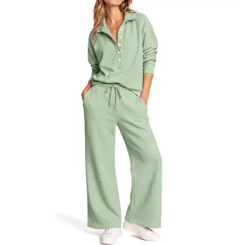 Fisoew Women's 2-Piece Oversized Waffle Knit Casual Lounge Set - Long Sleeve Collar Half-Button Henley Top, Elastic Drawstring High-Waist Wide-Leg Loose Sweatpants, Boxy Plus Size Clothes, Chocolate/Mint Tracksuit, Adjustable Lightweight Fabric,sohochic