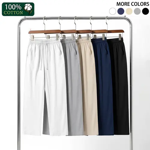 Men’s summer lightweight casual pants, 100% cotton breathable straight-leg men’s pants with elastic waistband and drawstring, loose drape, solid colors available, suitable for everyday wear and commuting.