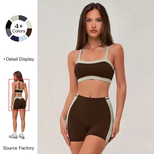 MFVIM women’s color-block sports bra with thin straps and high-waisted color-block shorts set, suitable for outdoor cycling, mountain climbing, yoga, gym workouts, and running.