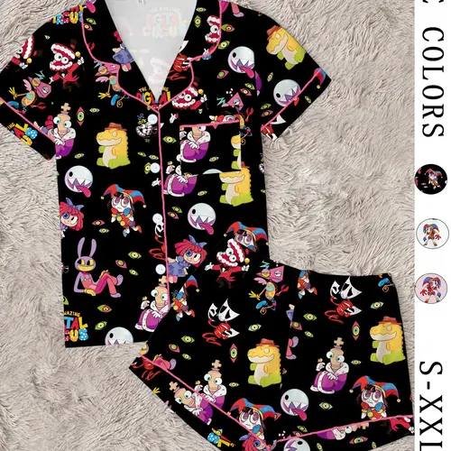 Women’s 2-Piece Summer Short-Sleeve Pajama Set Cartoon Circus Magic Monster Print Button Front Sleep Top & Shorts, Soft Casual Home-Wear Loungewear Sleepwear Loungewear