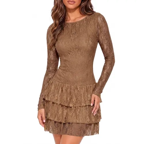 Wenrine Women's Elegant Slim Long Sleeve Lace Tiered Ruffle Formal Mini Dress - Zipper Back, Built-in Shorts, Tiered Hem, High Waist, Crew Neck, Mini Night Club Dress, Clubbing Clothes (Fall Spring), Elegance