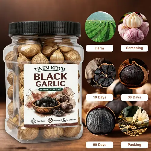 Aged Black Garlic Whole Bulbs - 90-Day Fermentation Dried Vegetable, Soft & Mellow Flavor, No Sugar/Additives, Ready-to-Eat Cooking Spice, Great for Snacking & Sauces, 5.3oz/150g or 11oz/310g, Garlic Bulb