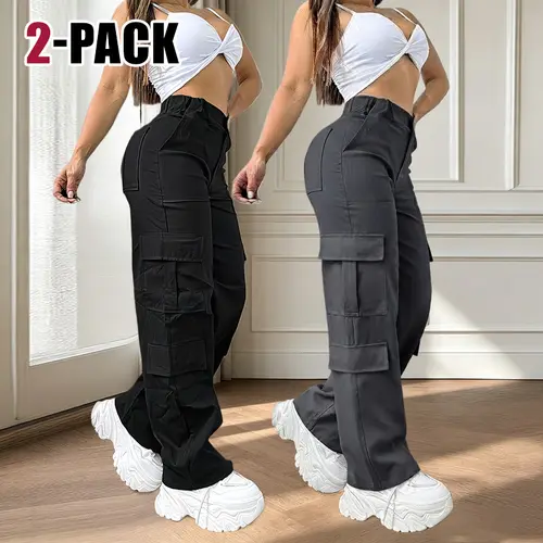 Women's 2 Pack Straight Leg Pants, Solid Color Casual Bottoms, Suitable for All Seasons, Weekend Outings, Everyday Activewear, Bottom, Women's Clothes