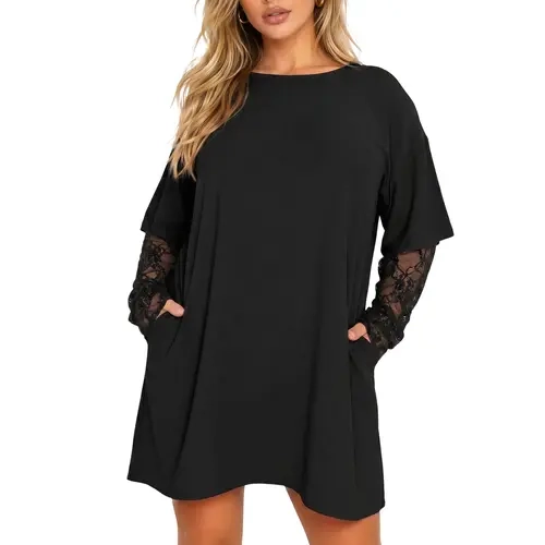 Fisoew Womens One Piece Cotton Shirt Dress Lace Sleeve Mini T-Shirt Dress Crew Neck Oversized Loose Fit Long Lace Underlayer Short Dress With Side Pockets Casual Going Out Outfit Minimalist Womenswear