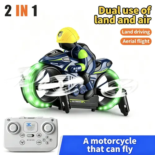 2-in-1 RC Flying Motorcycle Drone - Remote Control, 360° Flying Stunts
