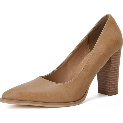 Coutgo Women's Pumps, Chic Pointed Toe Chunky Block Heels in Faux Leather, Lightweight Slip-On for Dress & Party, Heels For Women, Plain, All Seasons, Shoes For Women