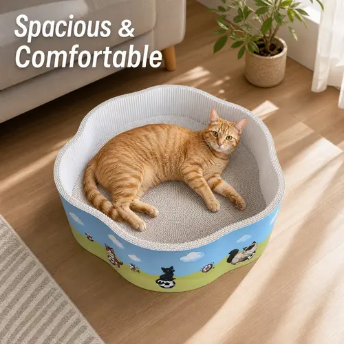 FANJUN-AMTECH 2-in-1 Round Cat Scratcher Bowl Bed, Durable Corrugated Cardboard Scratching Pad Lounge for Indoor Cats, Heavy Duty Furniture Safe Option That Protects Home Furnishings, Cute Cartoon Print for TikTok Shop Summer Sale