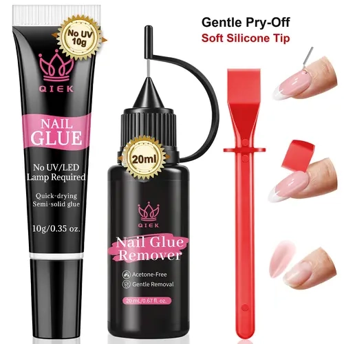 QIEK 10g Press on Nail Glue and 20ml Pinpoint Glue Remover Kit - No UV Lamp Needed Fast Drying Adhesive Tube for Nail Tips, Acrylic Fake Nail and Precise Solid Gel Glue Remover Acetone Free with Tool