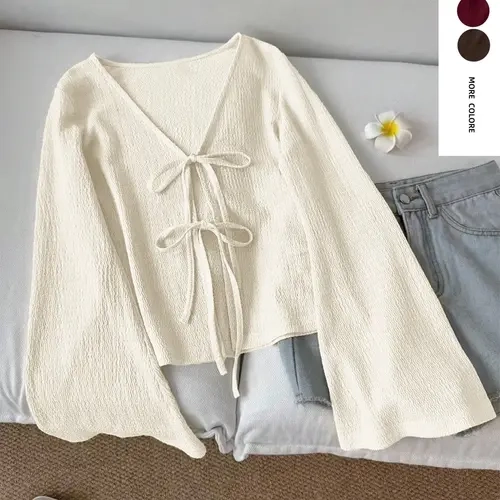 Women's French Style Double Tie Front Cardigan, Loose Bell Sleeve V-Neck Short Top for Office and Dates