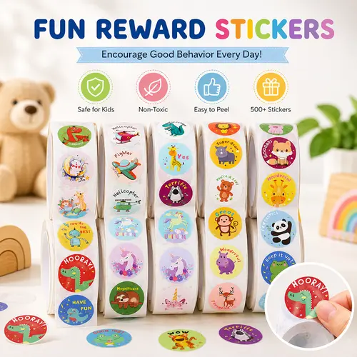 Kids Cute Animal Motivational Sticker Roll - Teacher Classroom & Potty Training Rewards for Preschool, Kindergarten, Homeschool Scrapbooking & Stamping
