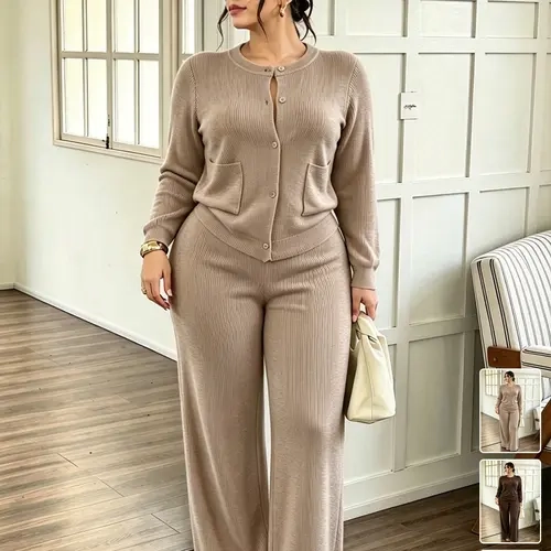 Women's Plus Size Ribbed Knit Cardigan & Wide-Leg Pants 2-Piece Set, Button-Down Loungewear with Pockets, Soft Stretchy Curvy-Friendly Set for Lounging & Sleeping, Pajama Set, Multiple Colors Available