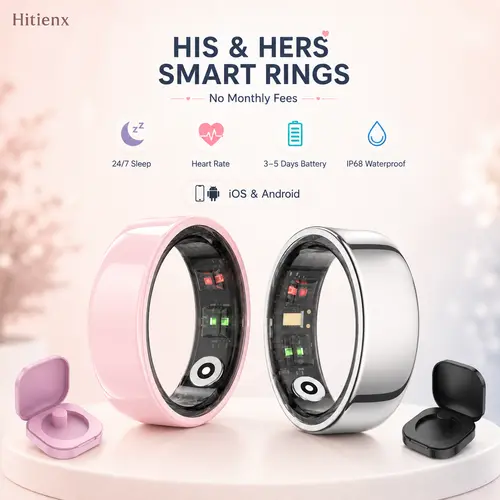 Hitienx Unisex Adult Minimalist Couples Smart Ring - Wearable Device, iOS/Android Compatible, Bluetooth, 24H Sleep Tracking, Heart Rate, HRV, Blood Oxygen, Temperature, Mood Monitor, Pedometer, 5-Day Battery, IP68 Waterproof, Summer Gift, Fitness Tracker
