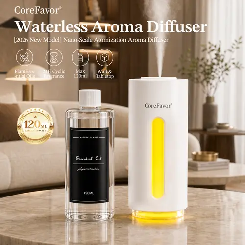 CoreFavor Waterless Essential Oil Diffuser with 120ml Essential Oil, Rechargeable & Wall-Mountable, Portable Cold Air Aroma Diffuser, Battery-Operated Scent Machine with 6 Mist Modes, 5 Color LED Lights for Bedroom, Office, Bathroom & Car