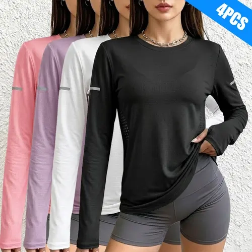 Women's 4-Piece Long-Sleeve Shirts, Exercise Casual Wear, Fitness Clothes Tops, Activewear Blouse, Athletic Style Activewear, Casual Athletic Apparel for Hiking, Leisure