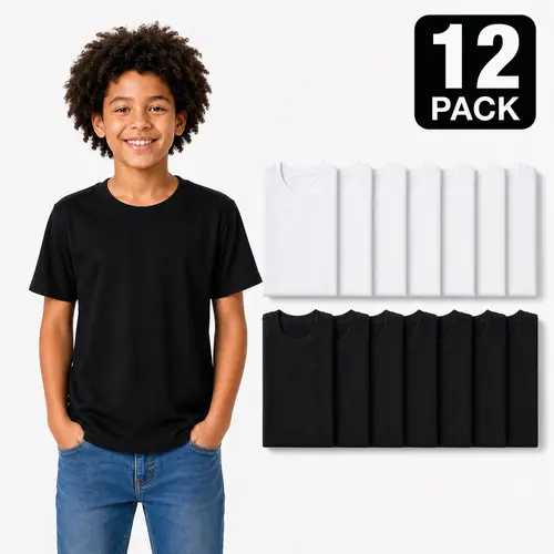 12 Pack Kids' 100% Cotton Classic Crew Tees - Comfy Quality Shirt, Breathable Fabric Shirt, Low Stretch, Kids Clothing Girls, Everyday Wear Essential Tops for Boys