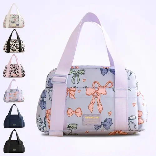 Women's Cute Bow Print Durable Lunch Bag - Insulated Leakproof Reusable Cooler Bag, Polyester Nylon, Adjustable Strap, Smooth Gold Zipper, Hand Wash Portable, 25×13.5×18cm for Work Travel