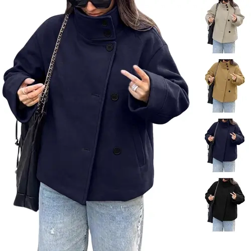 Buenoble Women Oversized Stand Collar Short Wool Blend Pea Coat Loose Double Button Minimalist Winter Casual Outerwear Jacket