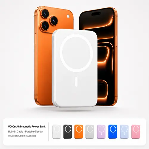5000mAh Magnetic Power Bank, Portable Wireless Charger Compatible with iPhone 12–17 Series, Slim Travel Battery Pack, Works Best with Magnetic Case or No Case, USB-C Rechargeable Phone Charger