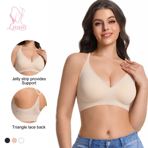 Lusait Women's Seamless Wireless Lace Bra - Soft Jelly, Buttery Soft Comfortable, Deep V Plunge, Triangle Back Pullover Racerback Bralette, T-Shirt Bra, Strip-Piece Design, Everyday & Back-to-School Wear, Jelly Bra, Adjustable Strap
