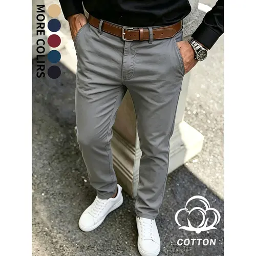 Soft and natural 98% cotton 2 spandex pants, classic waistband loop and side sliding pockets, wrinkle resistant lightweight fabric, streamlined straight leg contour, multifunctional daily underwear, suitable for business and casual men's fashion styling