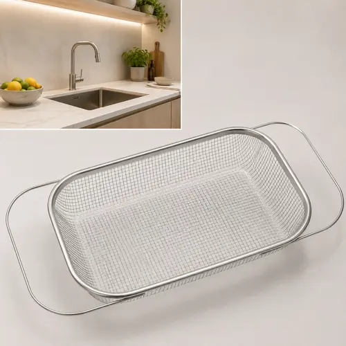 Stainless Steel Expandable Over-The-Sink Colander, Fine Mesh Rectangle Strainer Basket with Handles, Silver Kitchen Essential Utensil