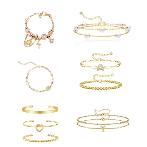 【Tewiky】Women's 14-Carat Gold Bracelet Set - Stackable Bracelet Stack, Fashionable Female Gold Jewelry, Waterproof, Non-Fading, Delicate Layered Bangles, Women's Costume Jewelry Gift Accessory,sohochic