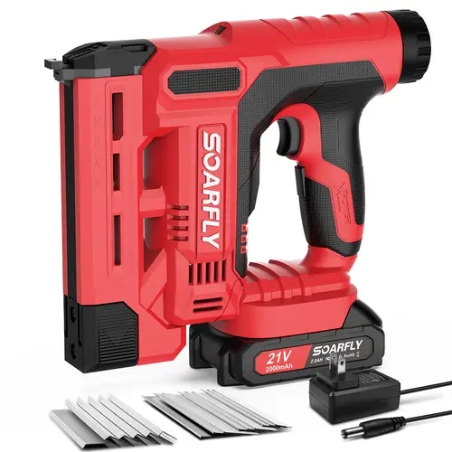 SOARFLY 2 in 1 Cordless Brad Nailer/Staple Gun with 2.0Ah Battery and Charger, Led Light, 1000pcs Nails and 500pcs Staples Included for Home Improvement & Woodworking
