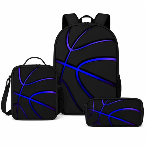 Three-piece set of backpacks with blue basketball pattern prints, including lunch bag, pencil case, and backpack, Backpack Combo