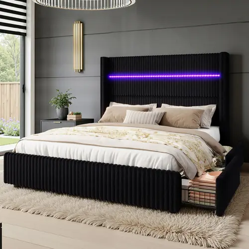 ALBOTT Modern Corduroy Upholstered Storage Bed Frame (51.2" Tall), Wingback Headboard, 4 Storage Drawers, LED Light, Charging Ports, No Box Spring Needed, Easy Assembly, Bedroom Furniture Decor[tiktokshopbacktoschool][SohoChic]
