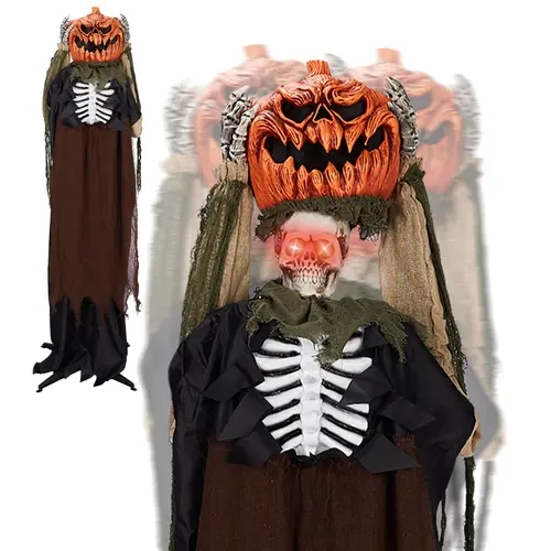 VINGLI Life-Size Standing Animatronic Pumpkin-Head Ghost Figure Halloween Outdoor Decoration, Sound-Activated Haunted House Prop with Spooky Creepy Eyes & Creepy Sounds for Garden Lawn