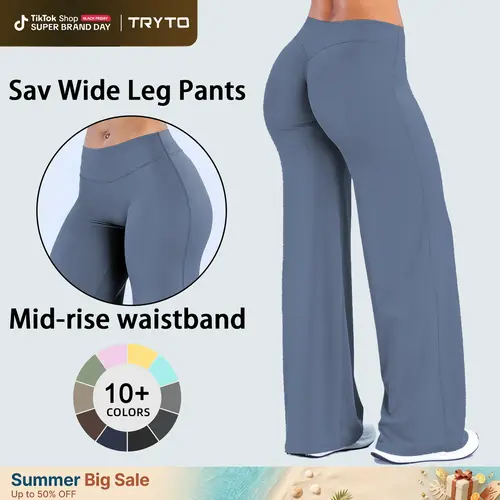 TRYTO Sav Wide Leg Pants Mid Waisted Flare Leggings Women Yoga Pants Bootcut Leggings Tummy Control Butt Lifting Sculpting Stretchy Workout Gym Wear #BackToSchool