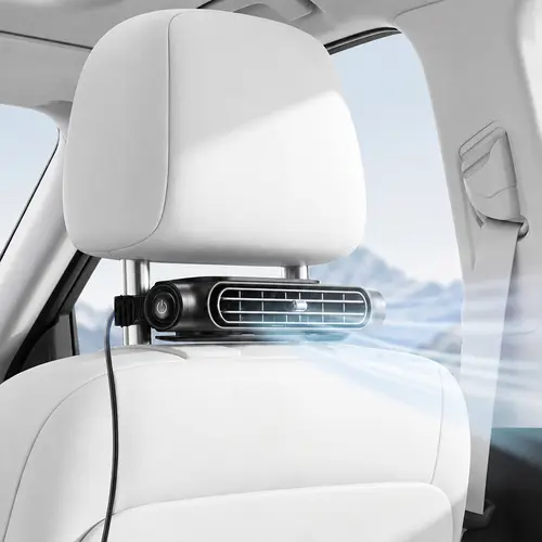 USB Powered Car Headrest Fan (No Battery), Plug-in Dual Turbo High Airflow Auto Cooling Fan, 5 Speed Adjustable, Easy Install with Magic Tape, Universal Fit for Car SUV RV, ABS Interior Accessories