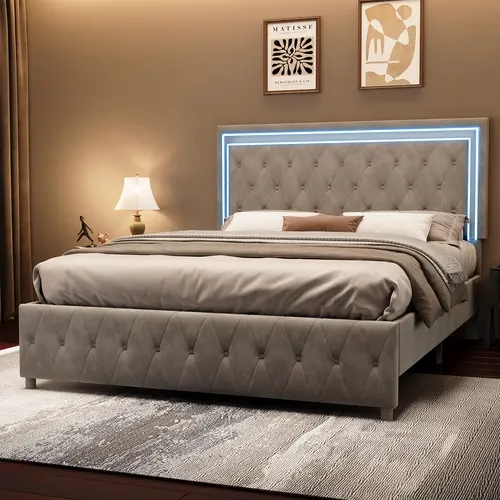 ALBOTT Bed Frame with LED Lights Headboard & Footboard, Velvet Upholstered Platform Bed Frame, No Box Spring Needed, Twin/ Full/Queen, Sturdy Bed Frame, Headboard And Footboard[tiktokshopbacktoschool][SohoChic]