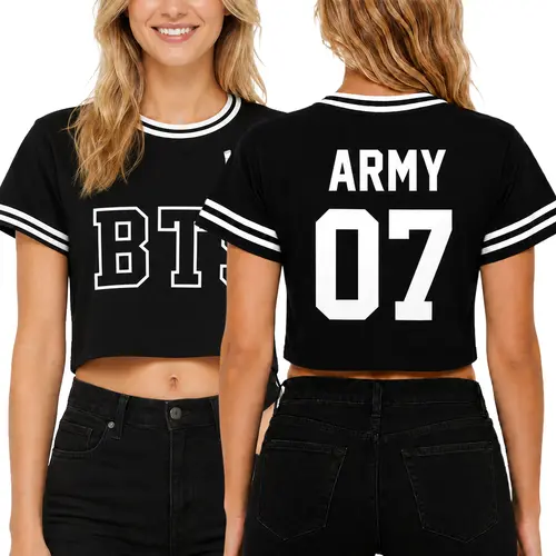 Women's Kpop Fandom Fan Merch Crop Top - Short-Sleeve, Round-Neck, Casual Clothes with Back Name-Number Print, Lightweight Fit, Tops for Women, Ideal for Concerts, Urban Daily Streetwear