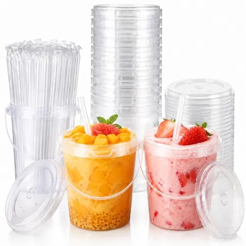 15-Pack Extra-Large 34oz Sturdy Food-Safe Plastic Cold Drink Cups with Lids, Straws, Easy-Carry Detachable Handles, Disposable Outdoor-Ready Kitchen Fixture Sets for Iced Coffee, Parties