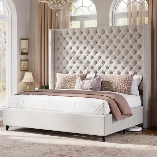 ALBOTT Platform Bed Frame with 65" Tall Upholstered Wingback Headboard, Handcrafted Pleats, Deep Button Tufted, Solid Wood Legs, Modern Bedroom Decor, No Box Spring Needed, Requires Assembly, Cream/White/Grey[tiktokshopbacktoschool][SohoChic]