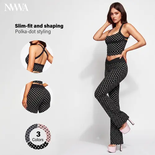 NVWA Matching Sets Women Polka Dot Halter Crop Top and Flare Pants 2 Piece Outfits Backless Criss Cross Bodycon Slim Fit Going Out Set High Waist Bell Bottom Trousers Y2K Party Club Wear Casual Outfit tiktokshopbacktoschool, Spandex, Lady