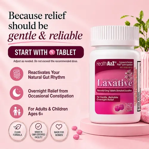 HealthA2Z Woman's Gentle Laxative | Bisacodyl Stimulant Laxative 5mg | Constipation Relief | Gentle and Reliable | Overnight Relief (150 Tablets)