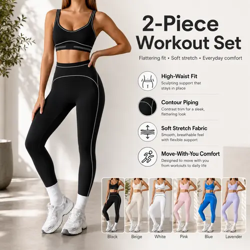 Modern Clean Line Detail Women’s Gym Matching Set, All‑Day Comfort Stretch Fabric Contour Seam Leggings Shock Resistant Sports Bra Suitable for Yoga, Training, Running and Street Casual Outfit