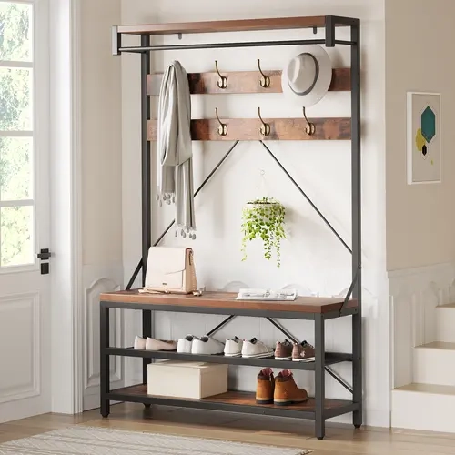 GARVEE Industrial Hall Tree Coat Rack Furniture with 2-Person Bench, 2-Tier Shoe Storage, 8 Hooks, Hanging Bar, Top Shelf - Metal & Wood Frame Entryway Organizer for Hallway, Mudroom - 39.9"x15.7"x72" (Storage Organization)