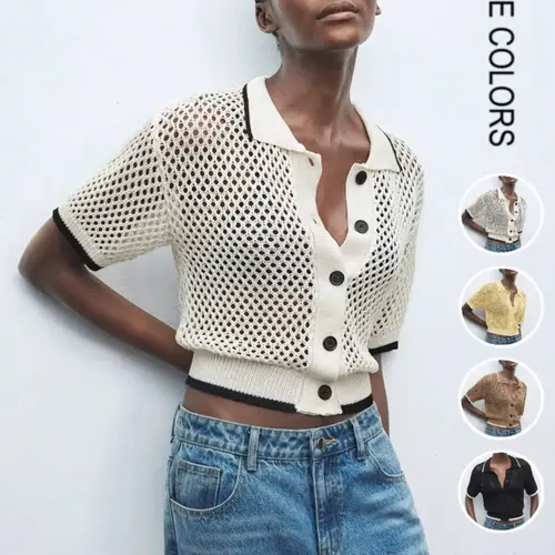 New Hollow-Out Knitwear's Color-Block Short Sleeve Sweater, Elegant and Comfortable Polo Neck Top, Versatile Casual Wear, Knitting Clothes