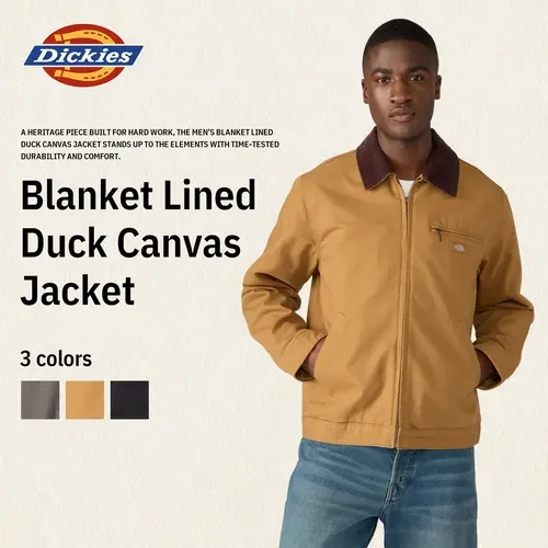 Dickies Blanket Lined Duck Canvas Jacket,100% Cotton,Zippered Chest Pocket,Bi-Swing Back,Adjustable Cuffs,Waist Snaps,Classic Workwear Style
