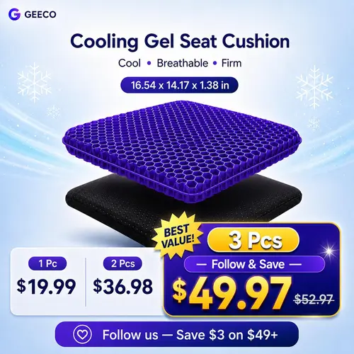 GEECO  Gel Seat Cushion - Firm Honeycomb Cooling Pad with Non-Slip Washable Cover, 16.54x14.17x1.38in, for Office Chair, Car Seat Summer Comfort day gift