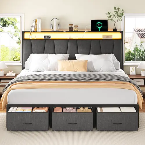 [Dark Grey Linen] Bed Frame with LED Light and 3 Storage Drawers, Metal Platform Bed with Storage Headboard, Velvet Upholstered, Heavy-Duty Slats, No Box Spring Needed, Easy Assembly